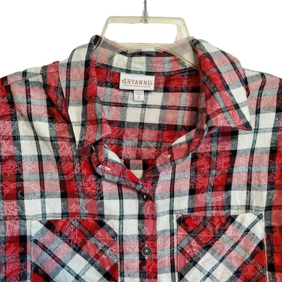 Shyanne Red Flannel Plaid Button Up with Crochet Lace Trim - Picture 3 of 14
